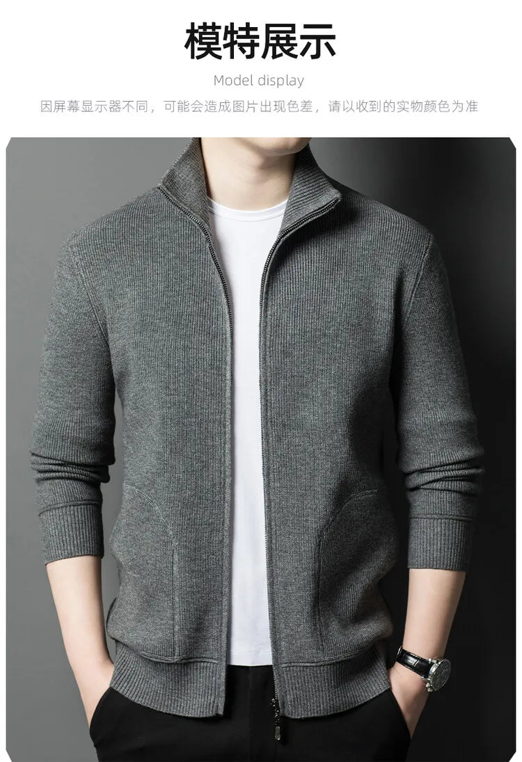 Men's Solid Colour Autumn Long-Sleeved Stretch Warm Cardigan, Daily Jacket Sizes M-4XL