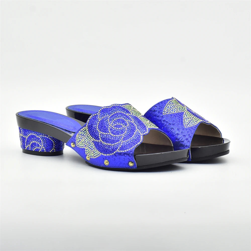 Women's Italian Shoes with Matching Bags Set Decorated with Rhinestone Open Toe Ladies' Slippers Shoes