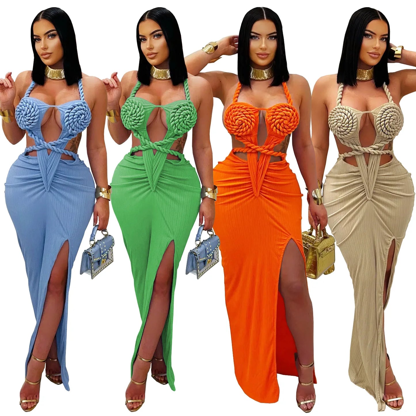 Bohemia Knitted Women Maxi Dress 2025 Summer Halter Lace Up Backless Split Sheath Vestidos Beach Vacation Robe
