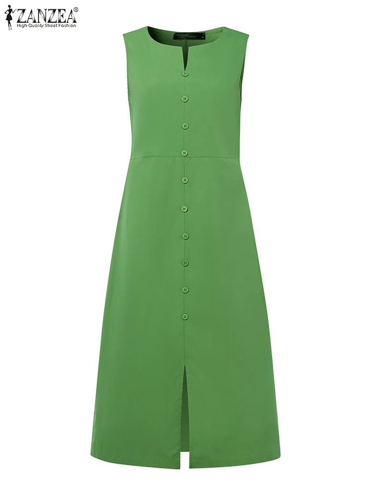 2025 Women Summer Sundress Elegant Work OL Midi Dresses V Neck Sleeveless Solid Dress Fashion Buttons Down Robe Plus Size