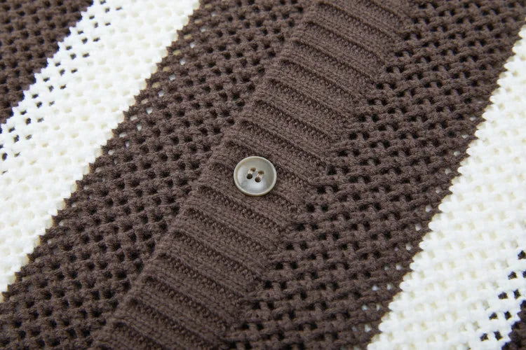 Men's Autumn/Winter Colour-Block Striped Polo Collar Knitted  High Quality Hollow Out Cardigan With 60% Cotton