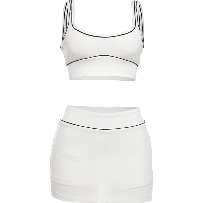 Casual Ribbed 2 Piece Set Women Black String Patchwork Tank Tops + Side Split Shorts Skirts Fashion Simple Classic Suit