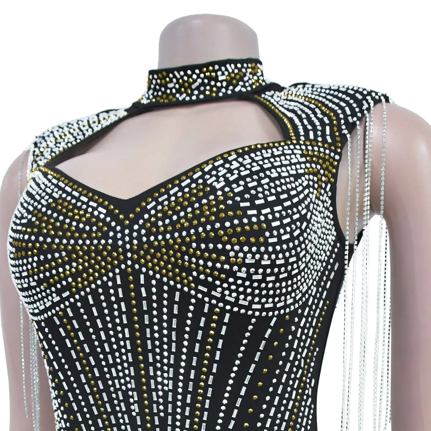 Sexy Sleeveless Rhinestone Decor Tassels Hollow Out Mini Dress