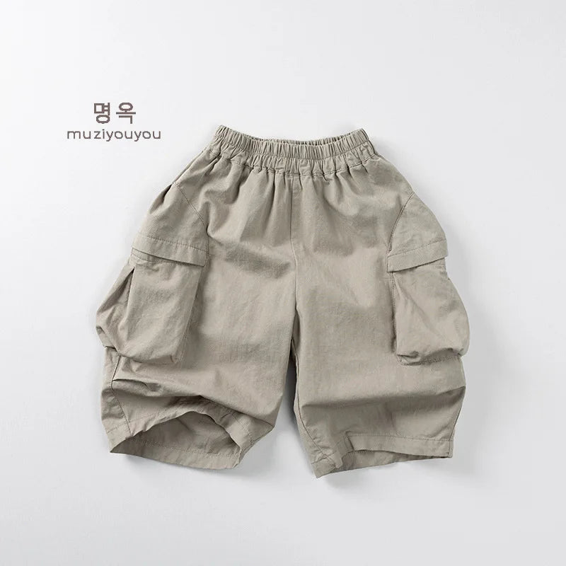 2025 Zomer Nieuwe Kinderen Casual Broek Katoen Jongens Veelzijdige Cargo Broek Effen Meisjes Dunne Losse Shorts Kinderen Outdoor Broeken 4-6Y Unisex