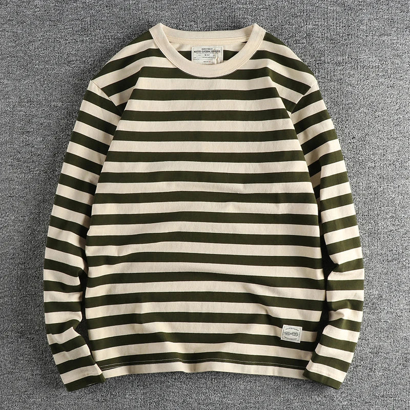 Autumn New American Retro 230g Heavyweight O-neck Striped T-shirt Men's Fashion 100% Cotton Washed Casual Loose Tough GuyTops