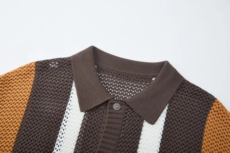 Men's Autumn/Winter Colour-Block Striped Polo Collar Knitted  High Quality Hollow Out Cardigan With 60% Cotton