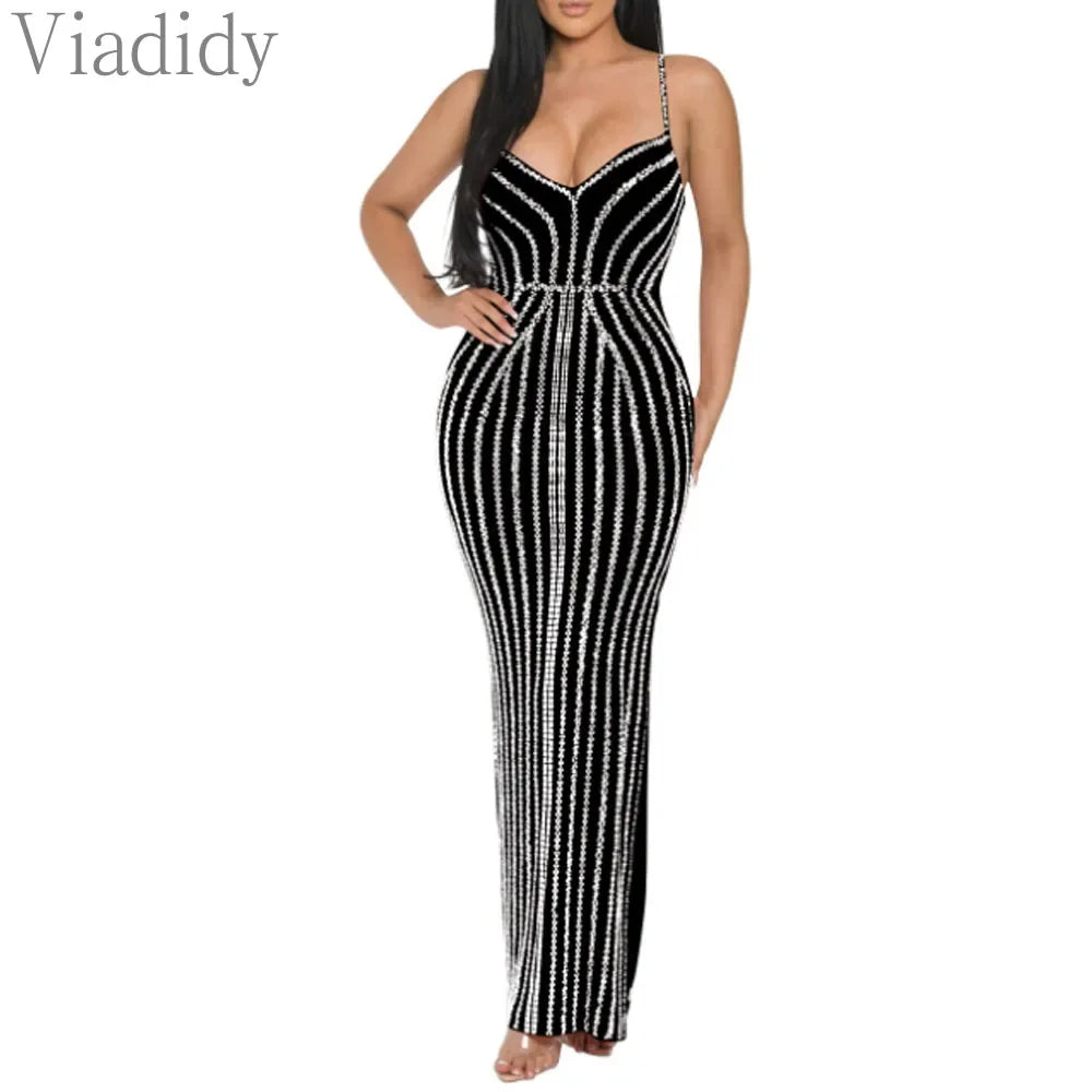 Women's Sexy Solid Color Spaghetti Strap Rhinestone Decor Deep V Neck Party Dress