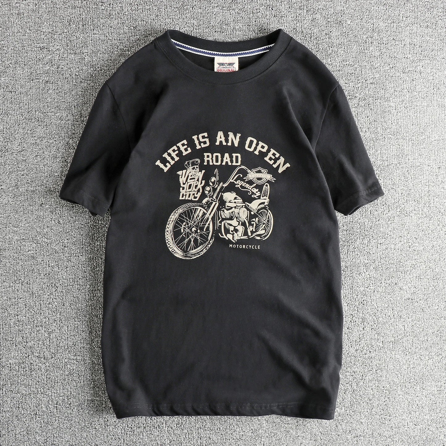 2025 Zomer Amerikaans Retro Korte Mouw O-hals Skelet Motorfiets Bedrukt T-shirt Herenmode 100% Katoen Gewassen Casual Tops
