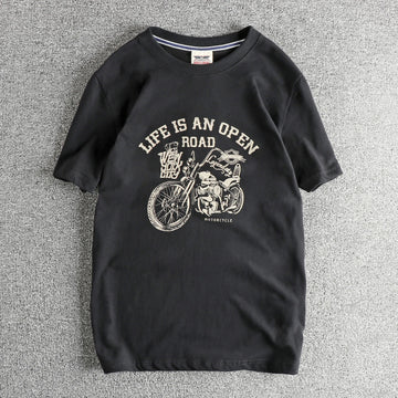 2025 Summer American Retro Short Sleeve O-neck Skeleton Motorcycle Printed T-shirt Men's Fashion 100% Cotton Washed Casual Tops