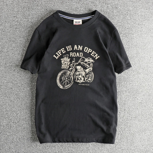 2025 Zomer Amerikaans Retro Korte Mouw O-hals Skelet Motorfiets Bedrukt T-shirt Herenmode 100% Katoen Gewassen Casual Tops