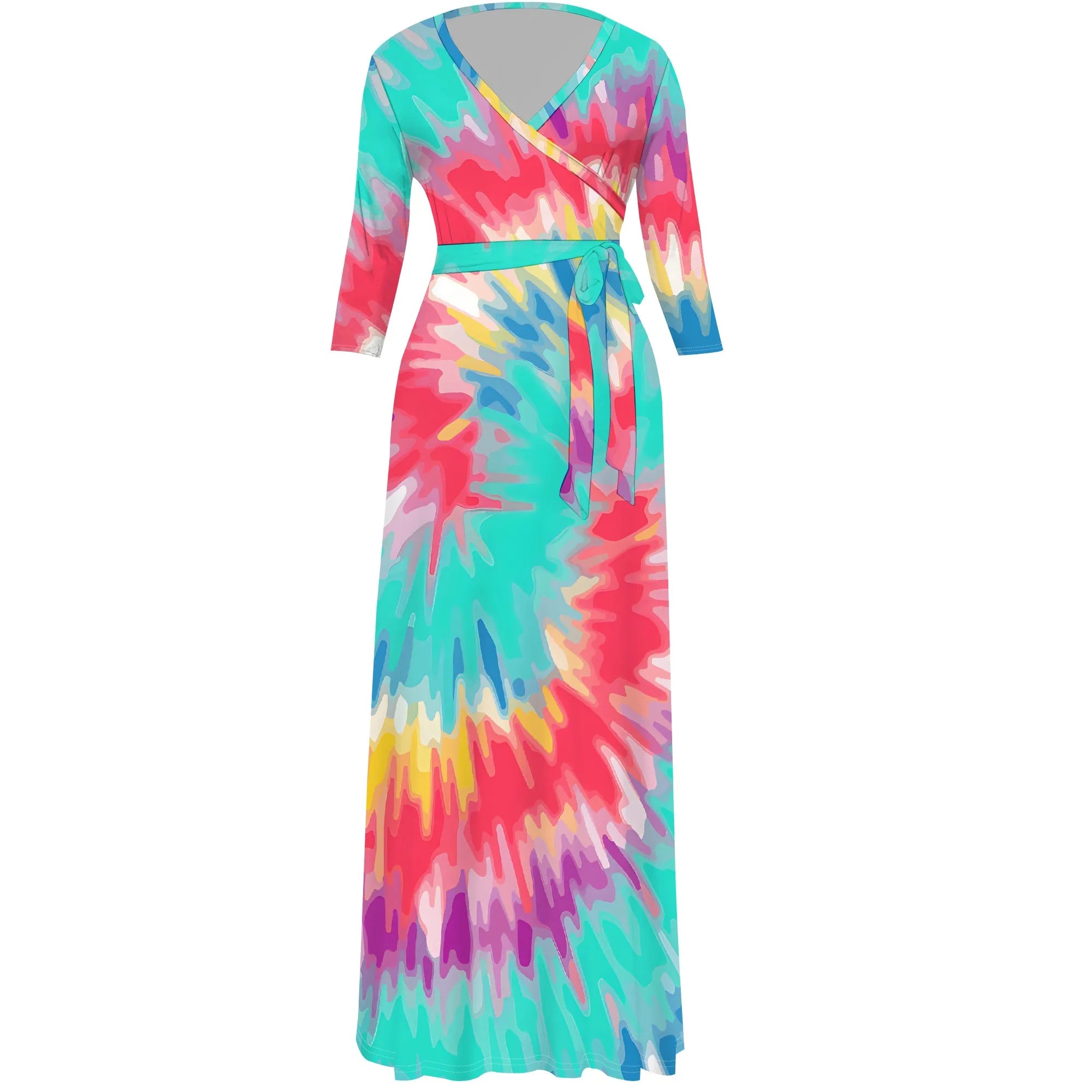 Colorful Tie-Dye V-Neck 3/4 Sleeve Wrap Maxi Dress with Belt - Women's Bold Bohemian Party Evening Resortwear