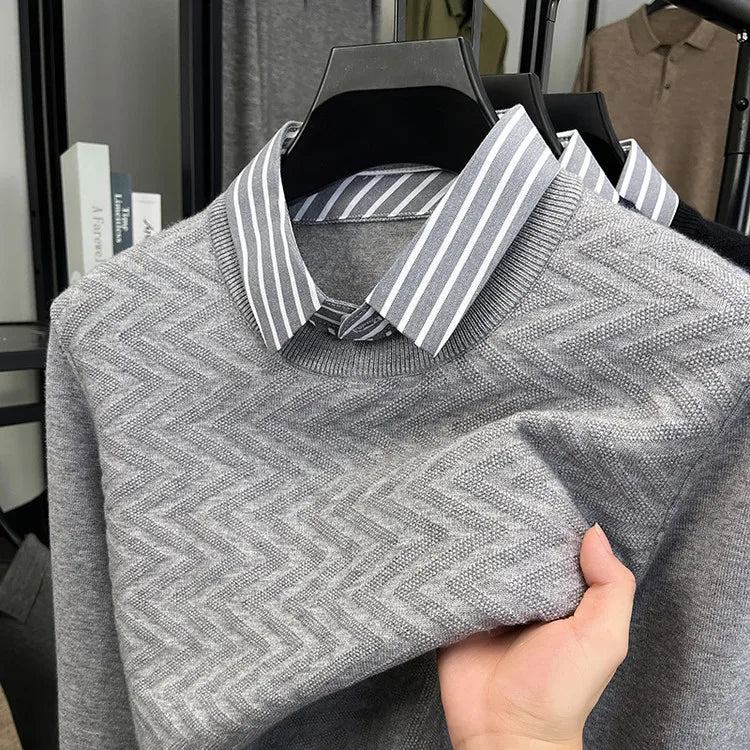 Men's Knitted Sweater With Shirt Collar - Vintage Style Fake Layered Business Casual, Pullover Old Money Style Top