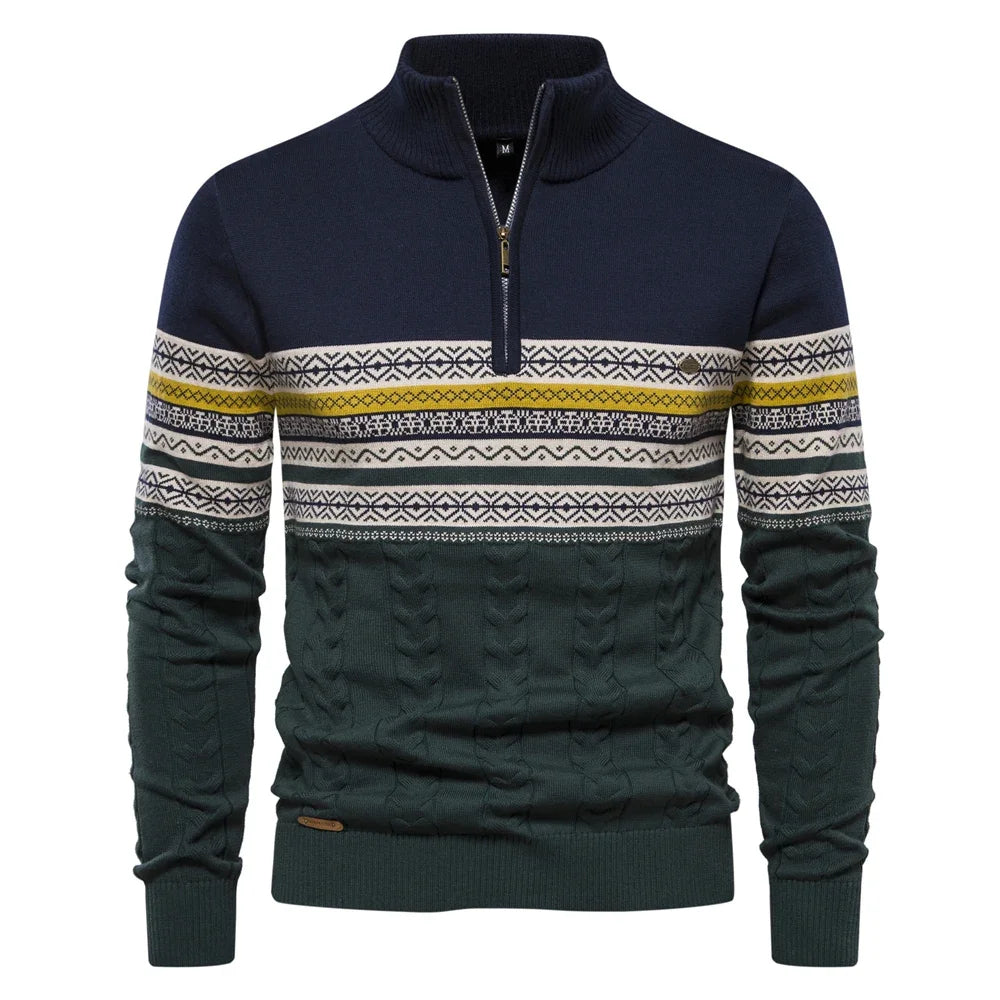 Men's High Quality Cotton Quarter Zipper Pullover Sweaters Warm Autumn Winter Mock Neck Retro Knitted Sweaters for Men