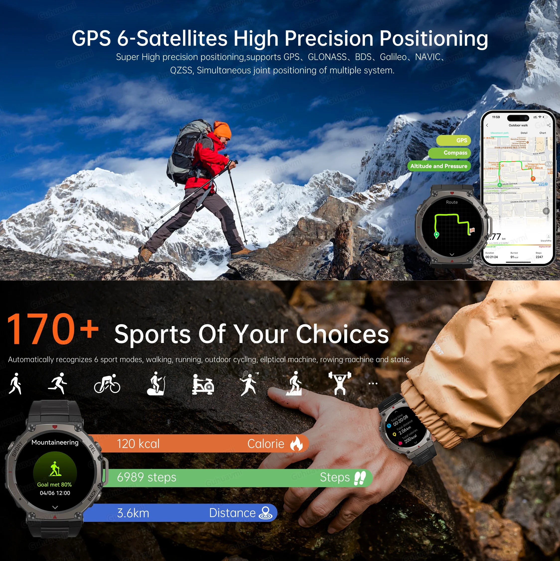 GPS Smartwatch 1,43" HD AMOLED-scherm Ingebouwde GPS Bluetooth-oproepen Waterdicht zwemkompas GPS-sportsmartwatch voor mannen