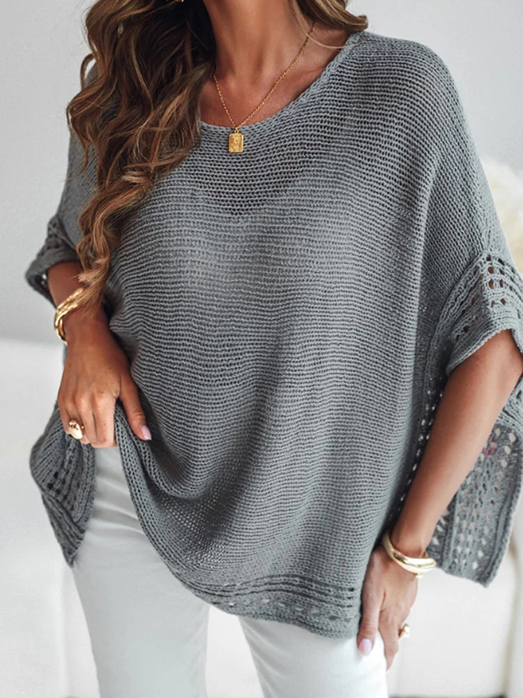 Solid Batwing Sleeve Hollow-out Top Pullovers Casual Cover Up