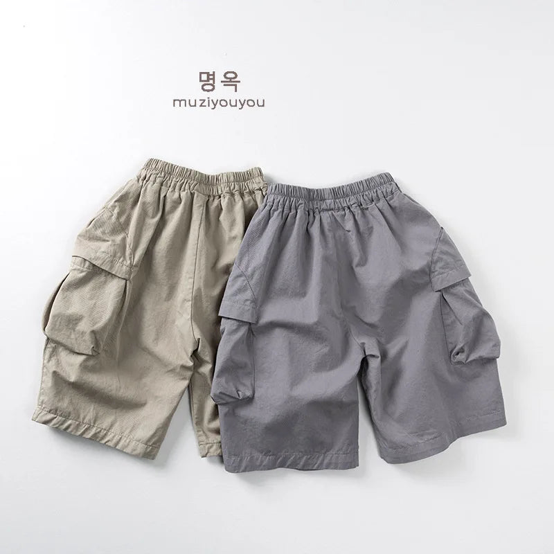 2025 Zomer Nieuwe Kinderen Casual Broek Katoen Jongens Veelzijdige Cargo Broek Effen Meisjes Dunne Losse Shorts Kinderen Outdoor Broeken 4-6Y Unisex
