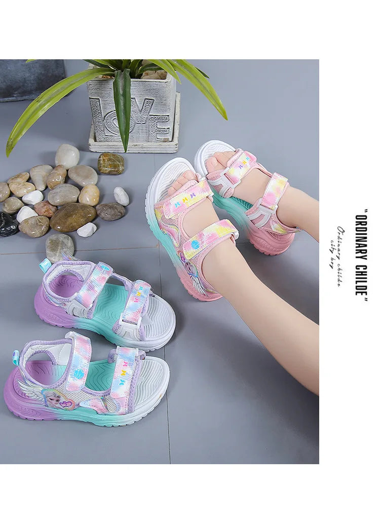 Disney Children Shoes Summer Elsa Girls Mesh Beach Sandals Fashion Frozen Princess Soft Bottom Light Peep Toe Sandals Size 26-36