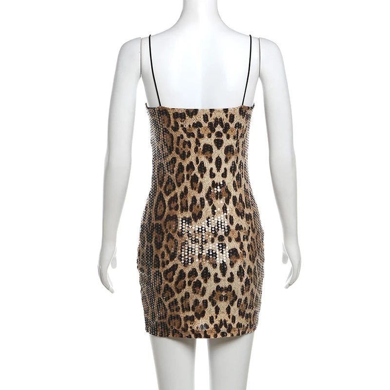 Shine Sequins Dress Women Leopard Print Hipster Backless Skinny Midnight Club Party Sexy Coquette Classic Mini Bodycon