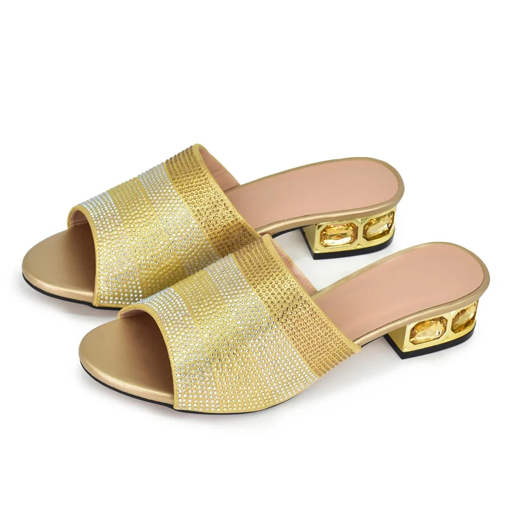 Women's Luxury Rhinestone Crystal Pumps 2024 New Fashion Slippers Sandals Party Low Heels Elegant Italian Women Shoes