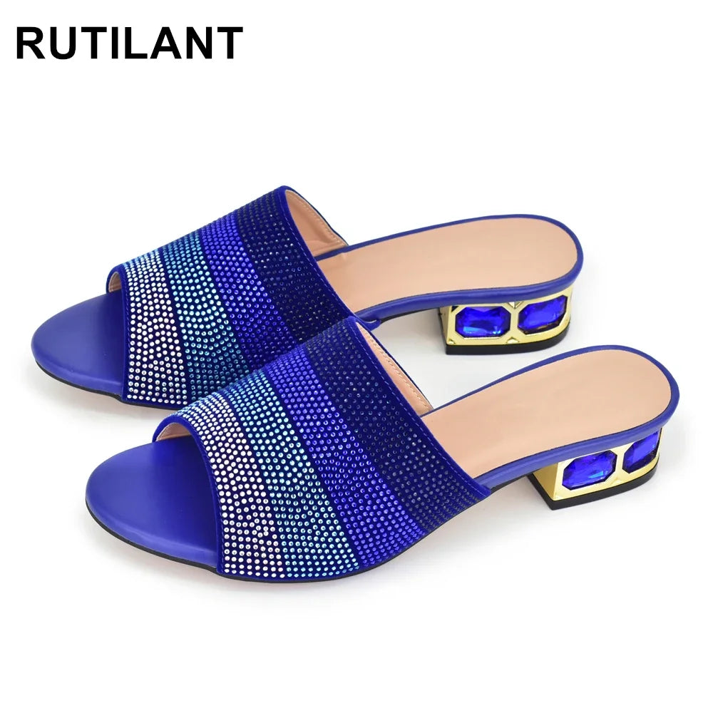 Women's Luxury Rhinestone Crystal Pumps 2024 New Fashion Slippers Sandals Party Low Heels Elegant Italian Women Shoes