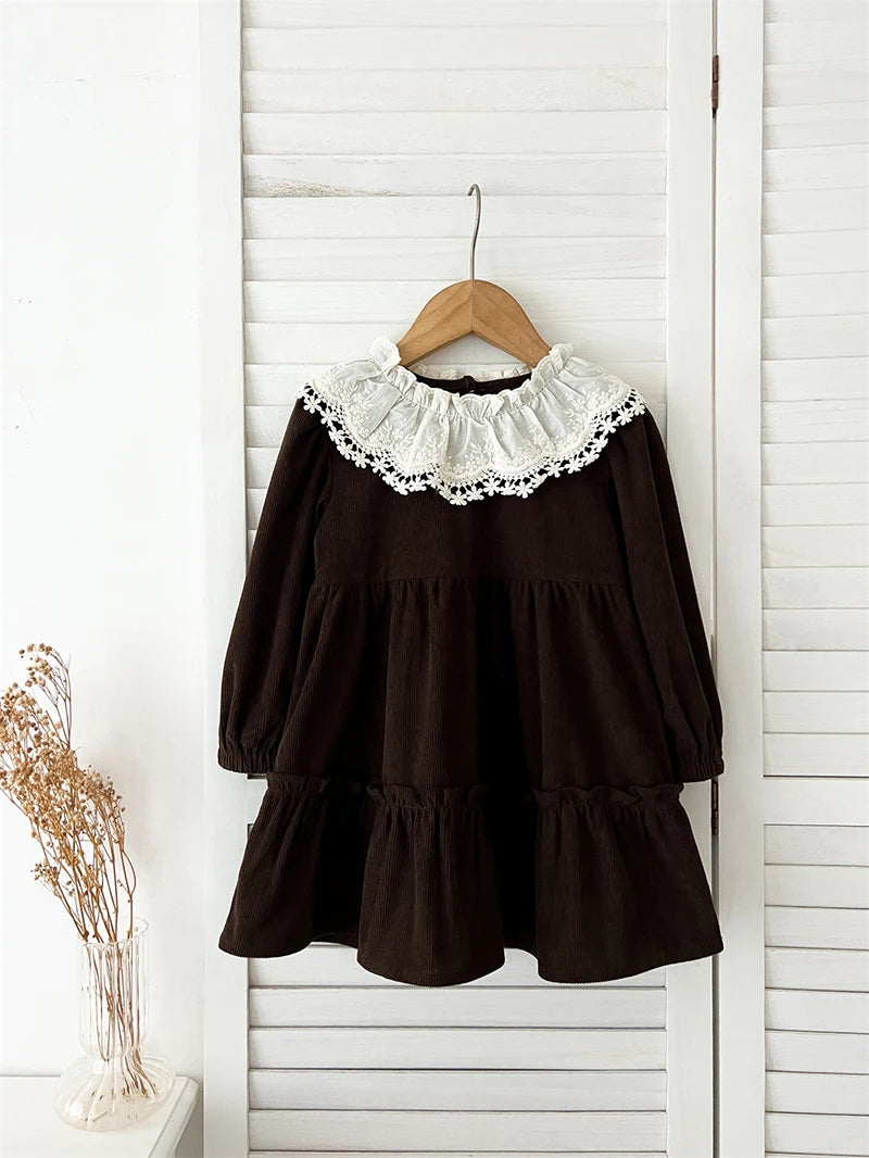 Spring Autumn Girls' Dress Corduroy Long Sleeve Lace Ruffled Collar Dress for Kid's Children's Clothing 2-6Y Girls