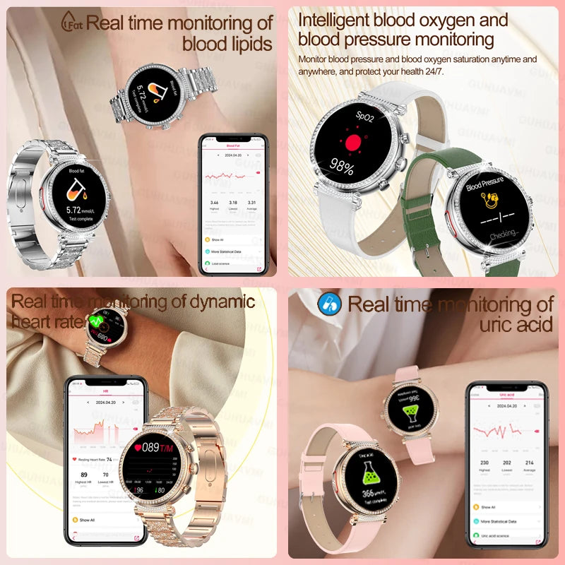Women Diamond Smart Watch ECG Women Health tracking Watch Full Touch Screen BT Call Custom dial Smartwatch Compatible with Huawei & Xiaomi IOS