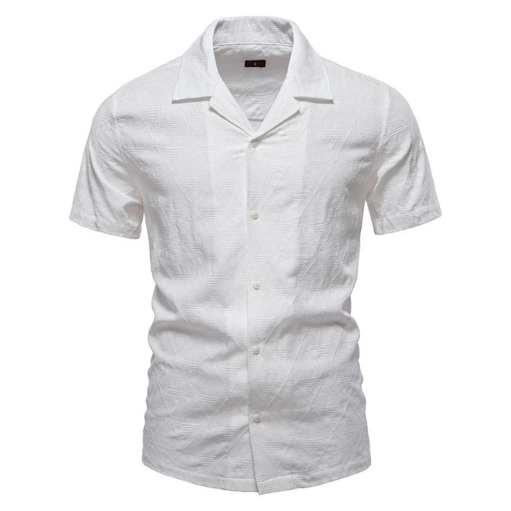 100% Cotton Jacquard Men's Short Sleeve Shirts - Solid Colour Turn-down Collar Casual Summer Shirts for Men