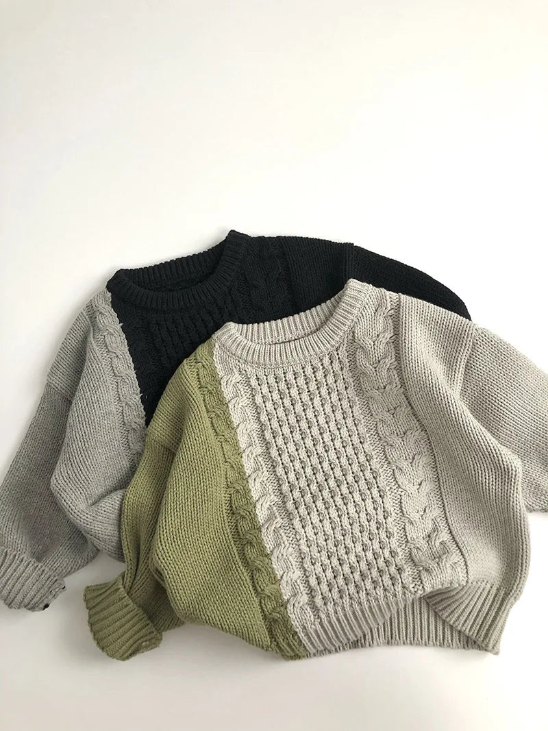 New Autumn Kid's Sweater Boys Trendy Patchwork Sweater Girls Knitted Pullover Children's Loose Knitwear 1-6Y Unisex