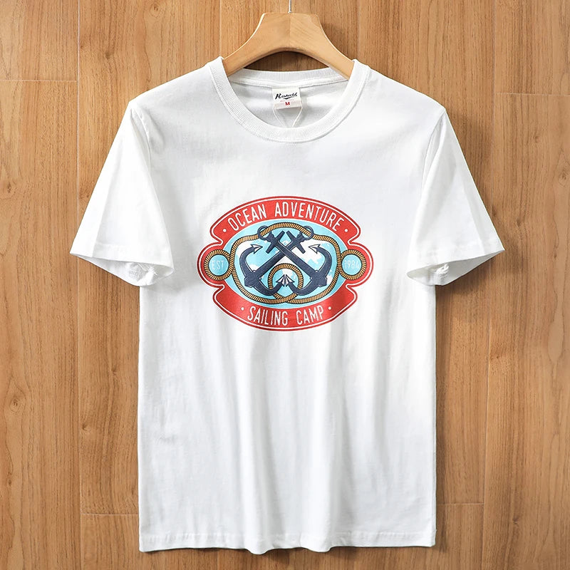 2025 Summer New American Retro 250g Short Sleeve O-neck Printed T-shirt Men's Fashion 100% Cotton Washed Casual Loose Tops