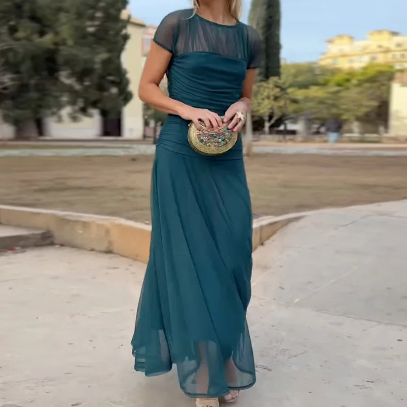 Women Summer Round Neck Loungewear Dress, See Through Solid Mesh Patchwork Elegant Maxi Dress, Short Sleeve Casual Ladies Dress