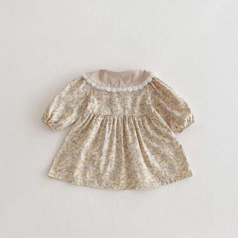 New Spring Girls Floral Dress Kids Cute Lace Doll Collar Princess Dress Children Sweet Flower Clothes For Kids 1-3Y Girls