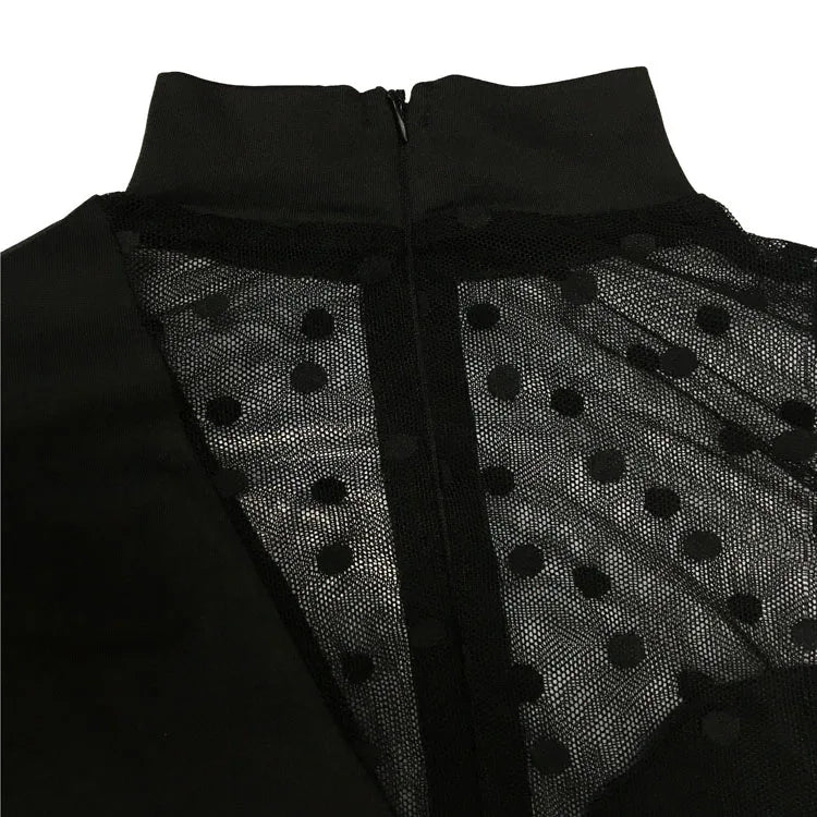 Women Dot Mesh Patchwork Long Sleeve Straight Jumpsuit