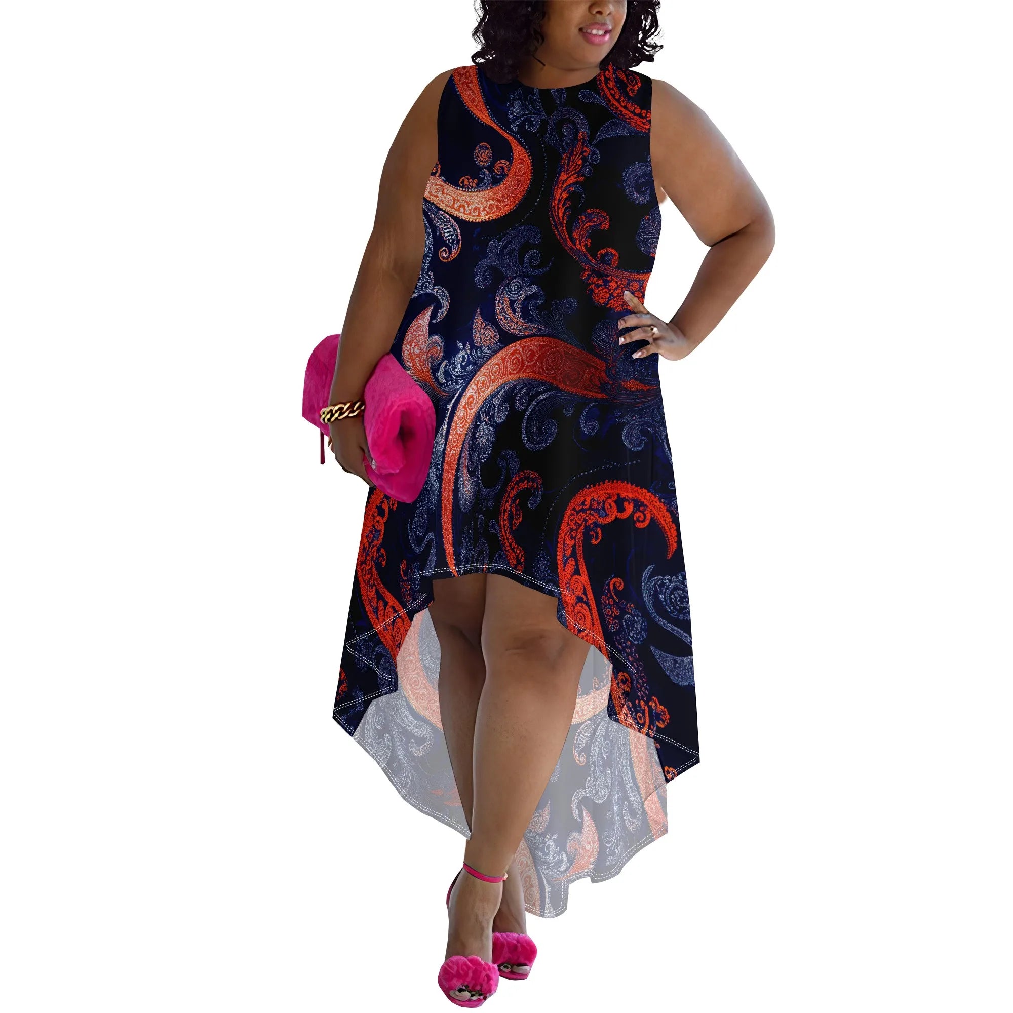 Elegant Plus Size High-Low Dress Featuring a Stylish Paisley Pattern in Deep Purples and Blues, Perfect For Any Occasion