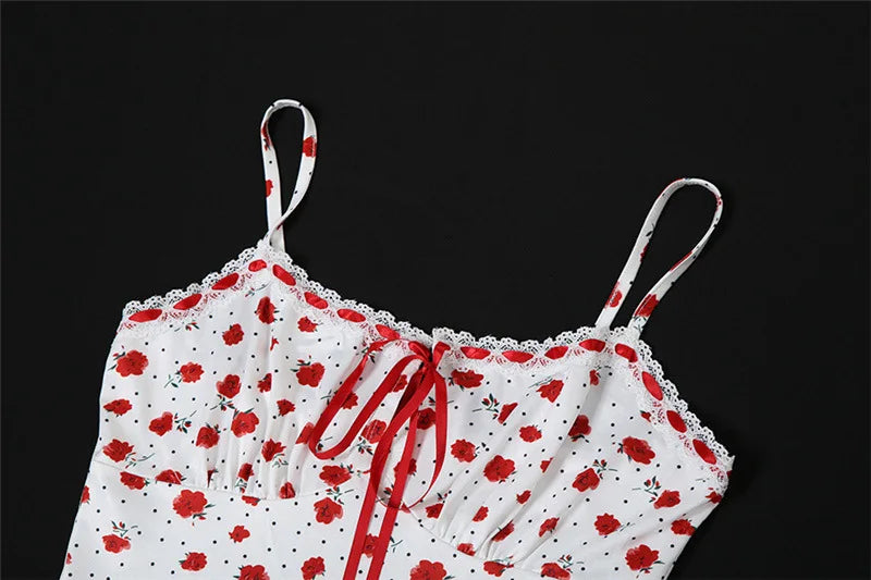 Rose Print Dress Women Square Collar Sleeveless Irregular Sweet Girl Street Fashion Birthday Party Trend Long Bodycon