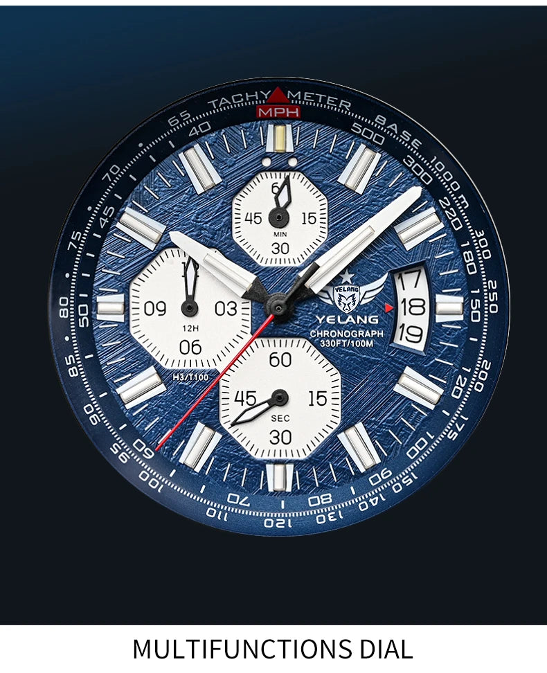 Yelang Men's Three Eyes Six Needles Japan OS00 Movement 100M Water Resistant Waterproof Diving Stainless Steel Quartz Watch