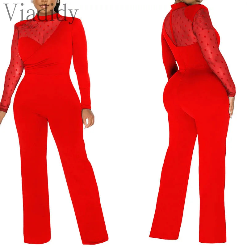 Women Dot Mesh Patchwork Long Sleeve Straight Jumpsuit