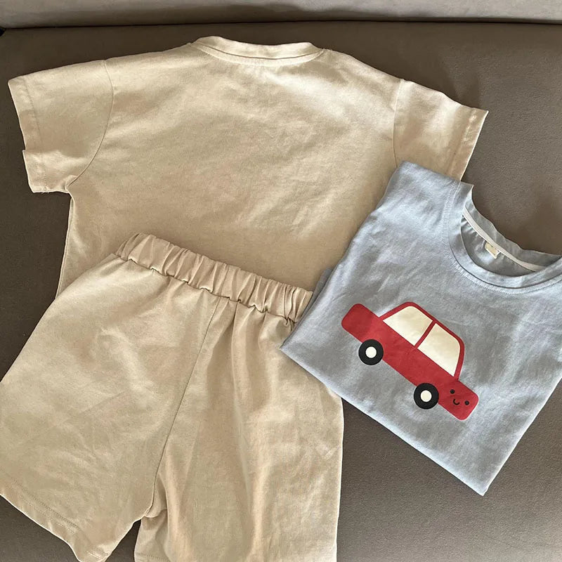 New Summer Kids Clothes Suit Children Cute Cartoon Car T-shirt + Shorts Boys Thin Style 2PCS Outfit 1-4Y Unisex