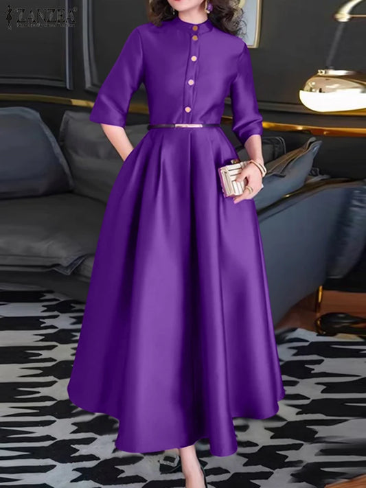 Elegant Women Party Maxi Dresses 2025 Autumn Fashion Stand Collar 3/4 Sleeve Half-Button Fitted Waist A-Line Robes Femme