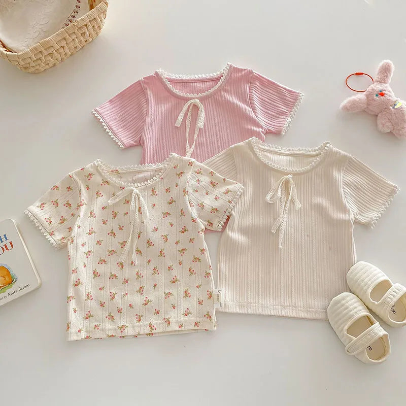 New Summer Kids T-shirt Boys Cute Hollow Out Floral Tops Children Thin Style Pit Strip Lace Girls Tee 1-5T Unisex