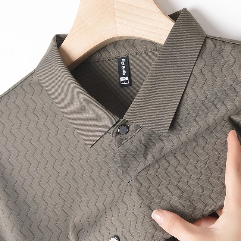 Men's Summer Lapel Shirt, Slim Fit Short-Sleeved, Fashion Dark Pattern Knitted Fabric Polo Shirt