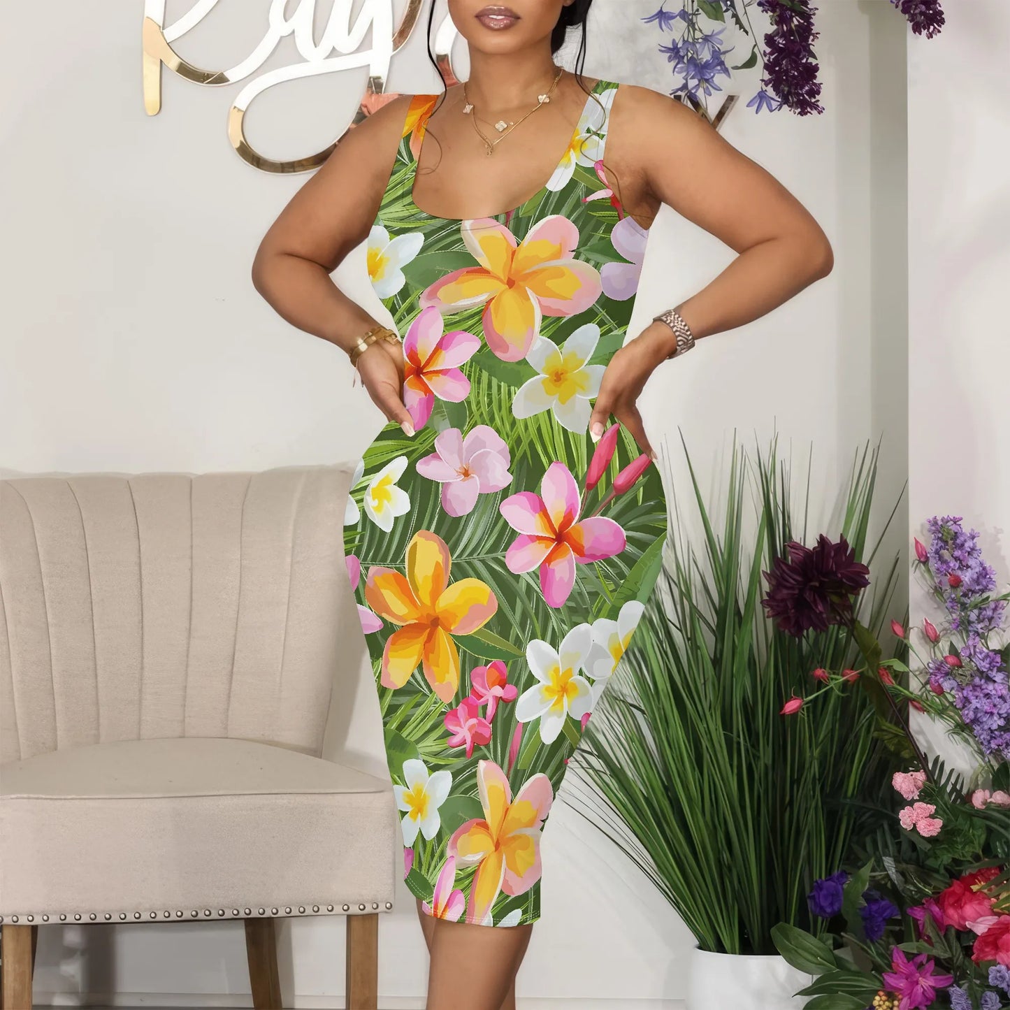 Tropical Floral Print Sleeveless Midi Dress for Women Sexy Summer Vacation Outfit