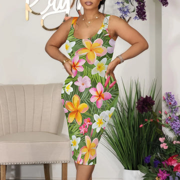 Tropical Floral Print Sleeveless Midi Dress for Women Sexy Summer Vacation Outfit