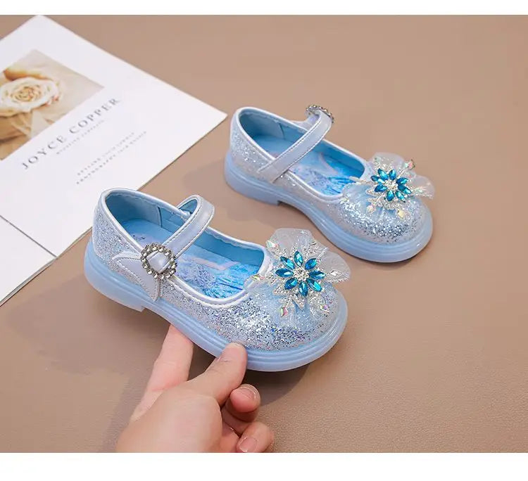 Disney Children High Heel Princess Elsa Party LED Light Shoes Summer Girls Sandals Baby Girls Crystal Blue Pink Shoes 23-34