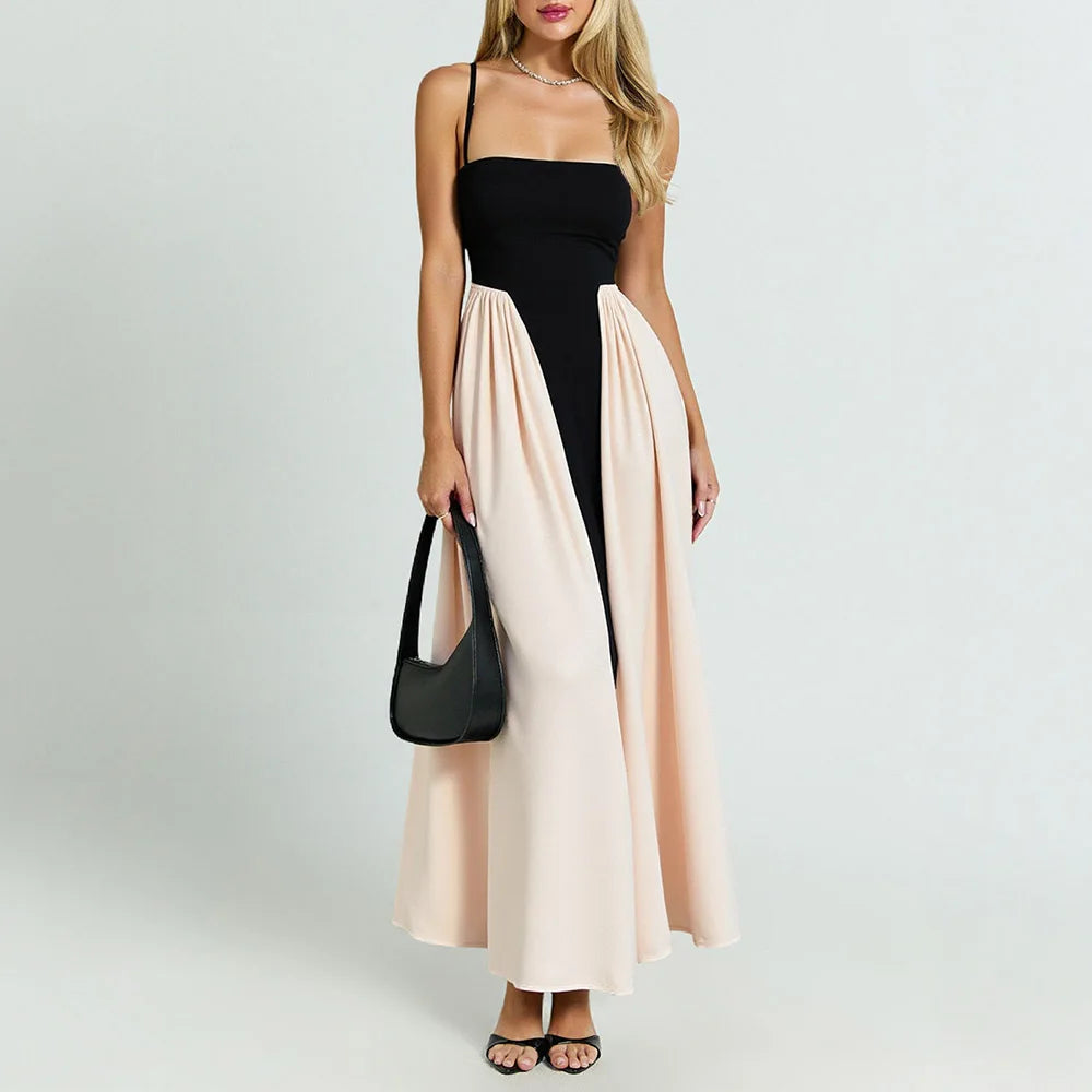 Jurken Zomer 2025 Mode Elegante Patchwork Mouwloze Vierkante Hals Midi Casual Shift Jurken Voor Vrouwen