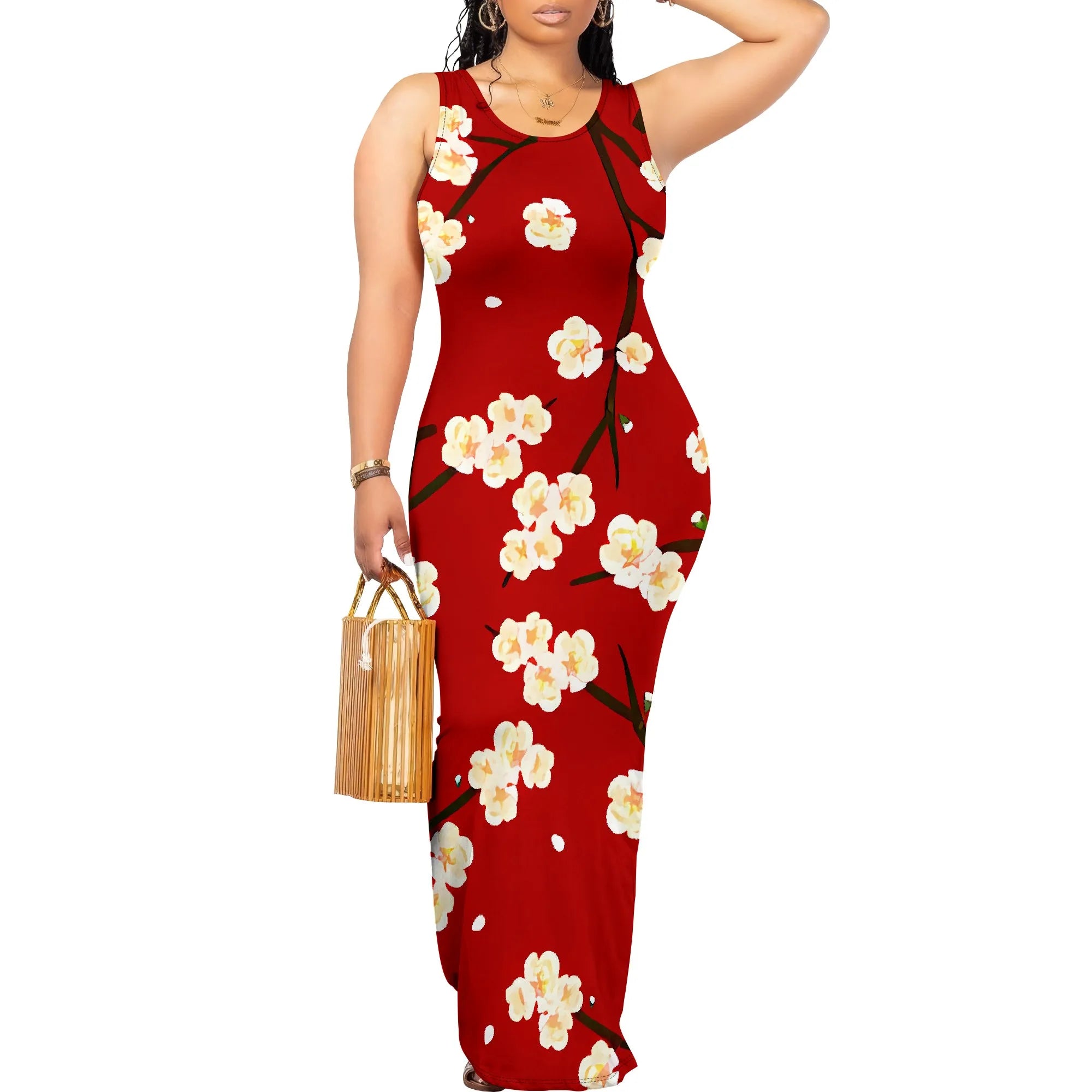 Summer Sleeveless Maxi Dress Women Floral Print Beach Sundress Elegant Pink Purple Bodycon Long Dress for Vacation