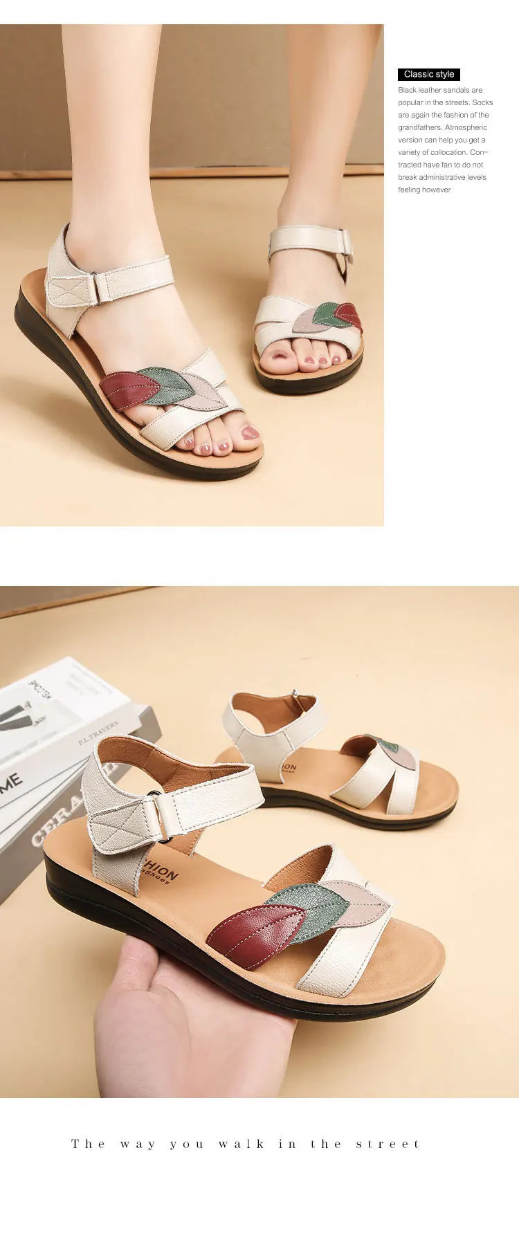 Women's Mother Ladies Female Genuine Leather Sandals Shoes Platform Summer Cool Beach Soft Waterproof Leaf Non Slip