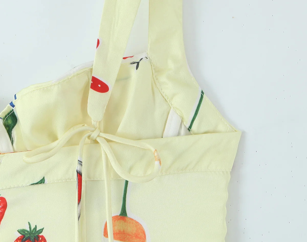 Cute Print Yellow Sexy Corset Style Sling Mini Dresses Women Summer A-line Holiday Dress Backless Robe