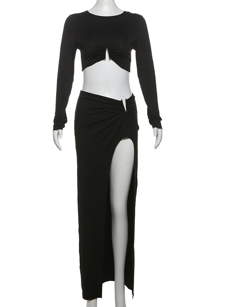 Classic Matching 2 Piece Set Women Fashion Solid Long Sleeve O-neck Crop Tees+Splited Maxi Skirts Female High Street Suits