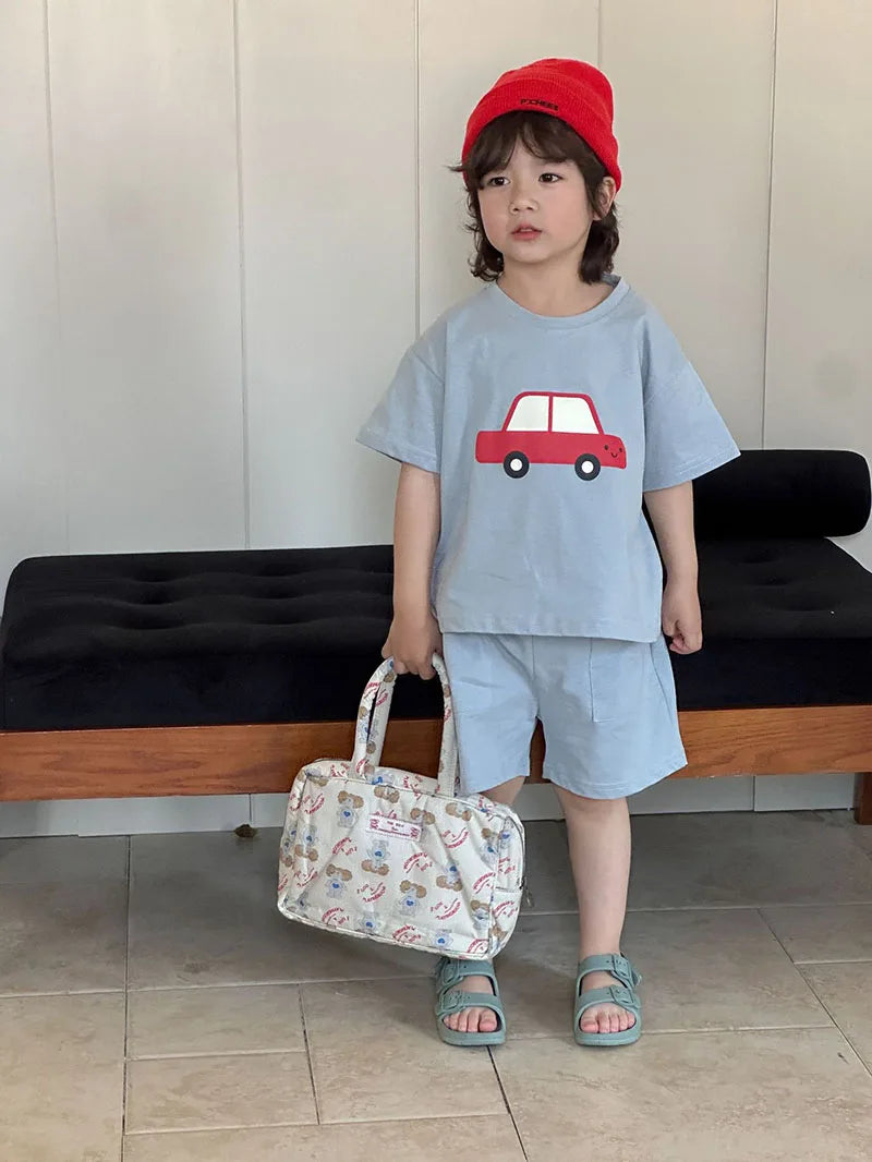 New Summer Kids Clothes Suit Children Cute Cartoon Car T-shirt + Shorts Boys Thin Style 2PCS Outfit 1-4Y Unisex