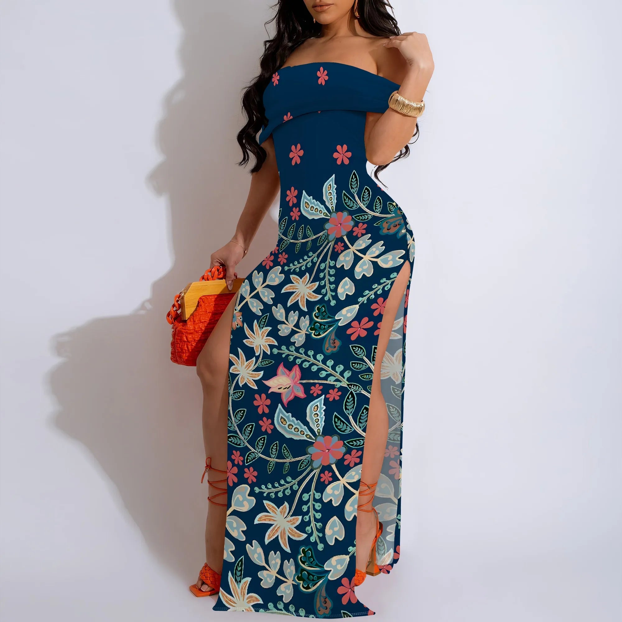 Black White Speckled Off-Shoulder High Slit Maxi Dress - Women's Modern Stylish Party Evening Resortwear